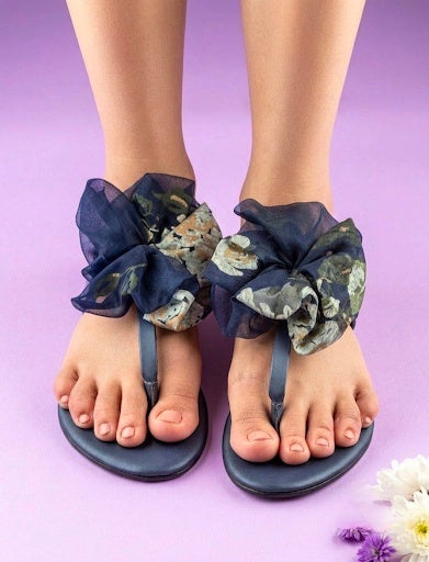 Women Navy Blue Floral Bow Flat Sandals
